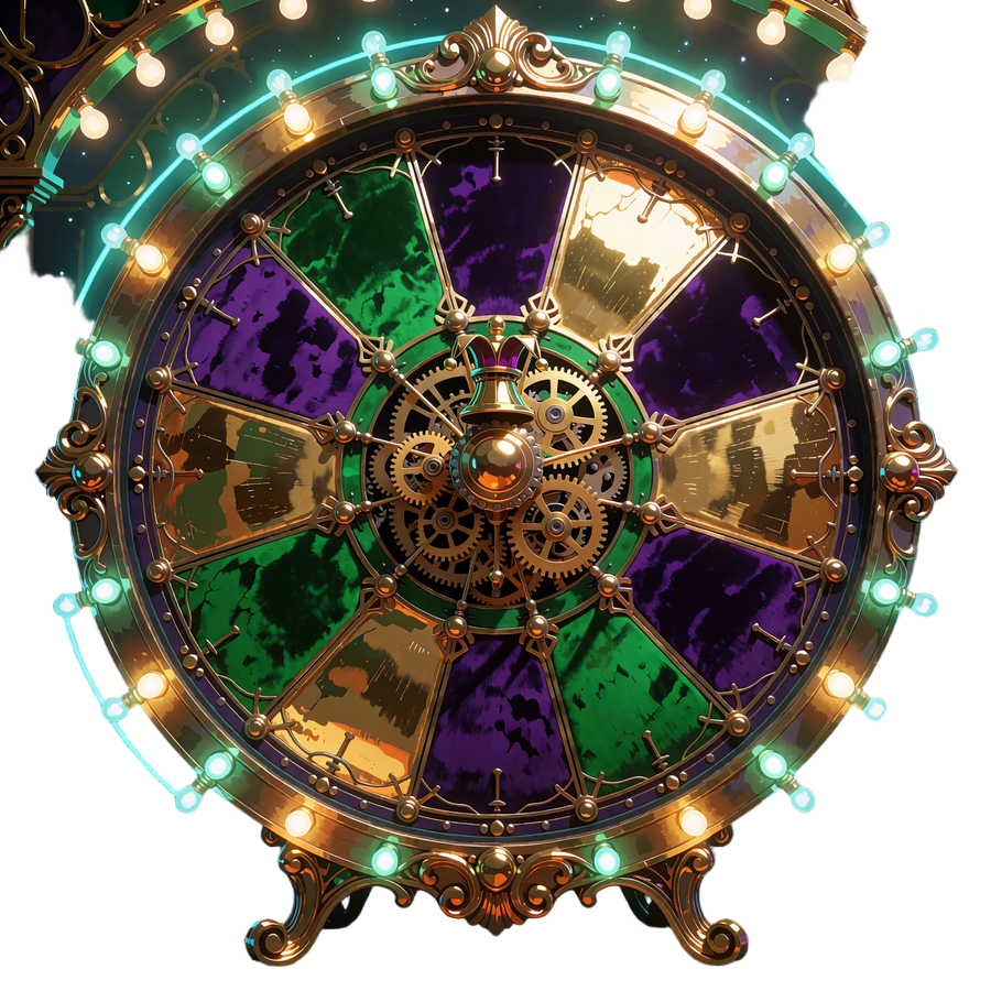 Ornamenteret lykkehjul med violette, gr&oslash;nne og gyldne felter, der symboliserer Spin the Wheel i Jokery Casinos VIP-program