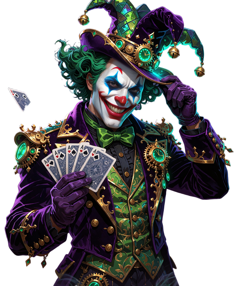 Jokery Casinos Joker-maskot med gr&oslash;nt h&aring;r, klovnesminke og bredt smil, der breder en vifte af spillekort ud