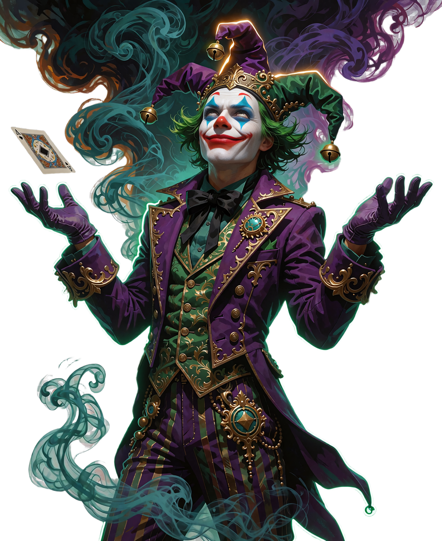 Joker-maskot med gr&oslash;nt h&aring;r og klovnesminke tr&aelig;kker p&aring; skuldrene, mens et spillekort sv&aelig;ver over hans h&aring;ndflade