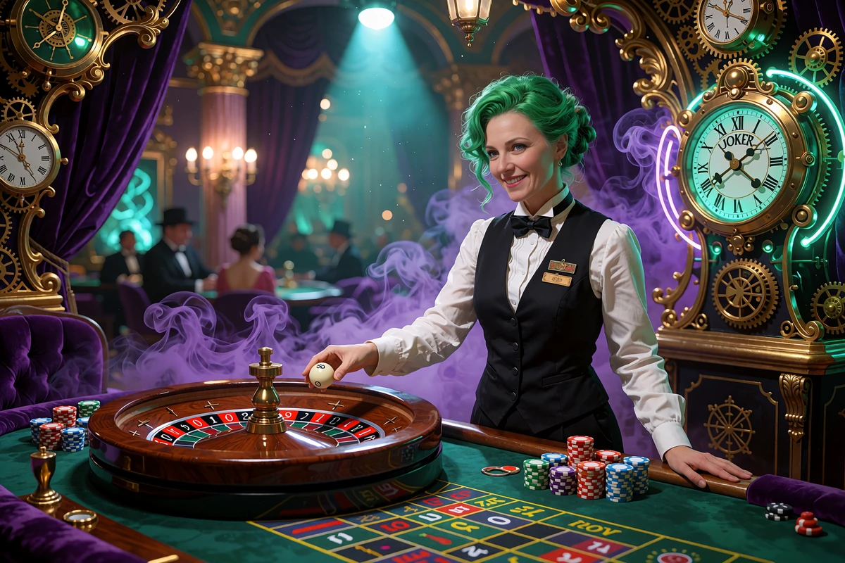 Smilende croupier sender kuglen rundt p&aring; et roulettehjul ved et gr&oslash;nt filtbord i live casino hos Jokery