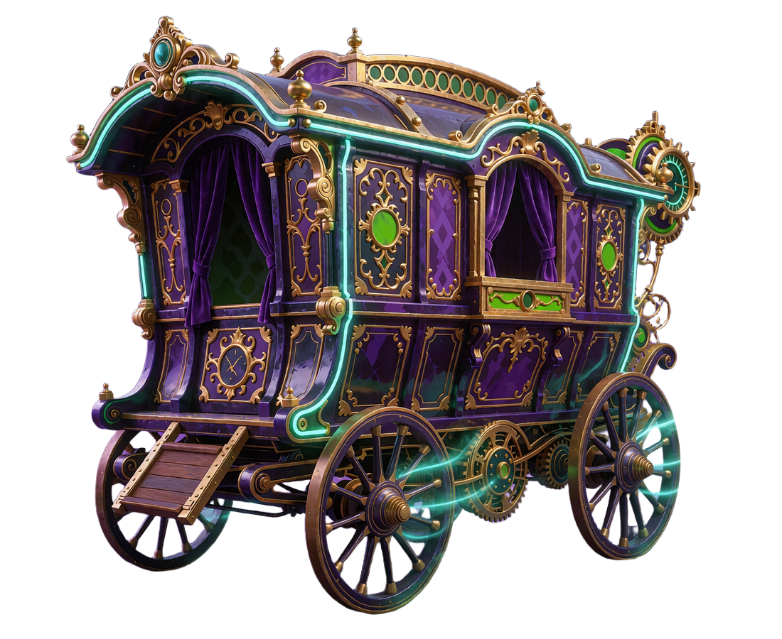 Forgyldt violet cirkusvogn med fl&oslash;jlsgardiner, der symboliserer mobilspil hos Jokery Casino direkte i browseren