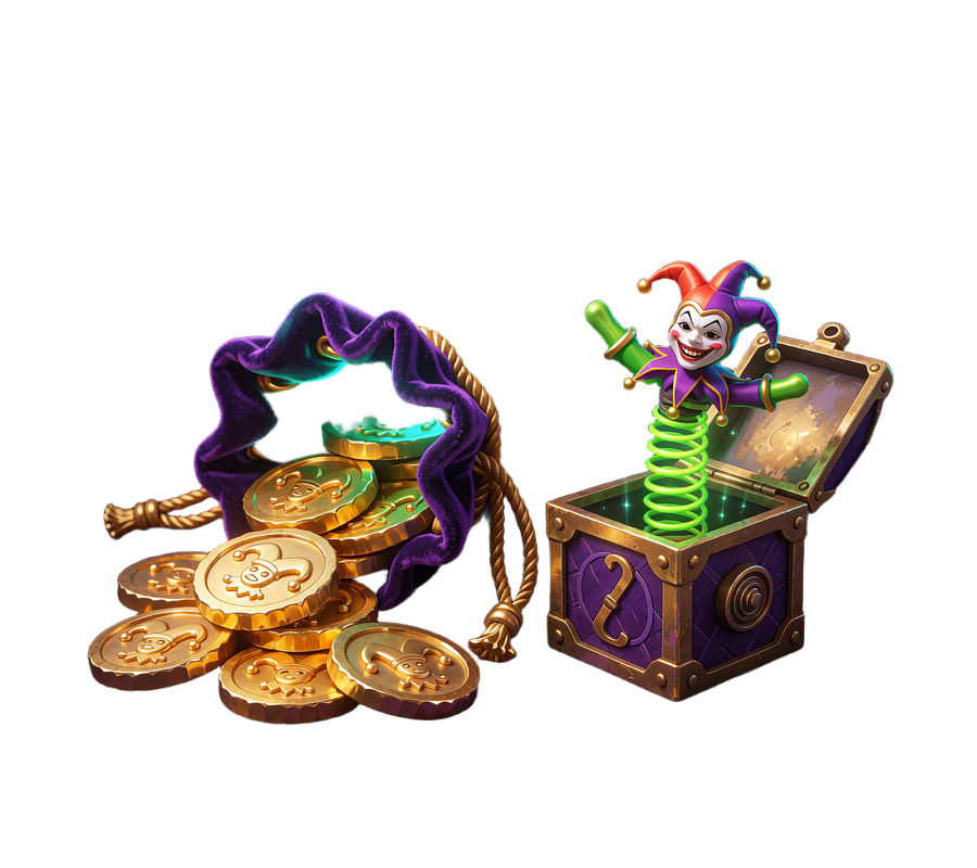 V&aelig;ltet violet velourpung med guldm&oslash;nter pr&aelig;get med narrehat og en lille messing-trold i &aelig;ske som symbol p&aring; Crazy Rewards