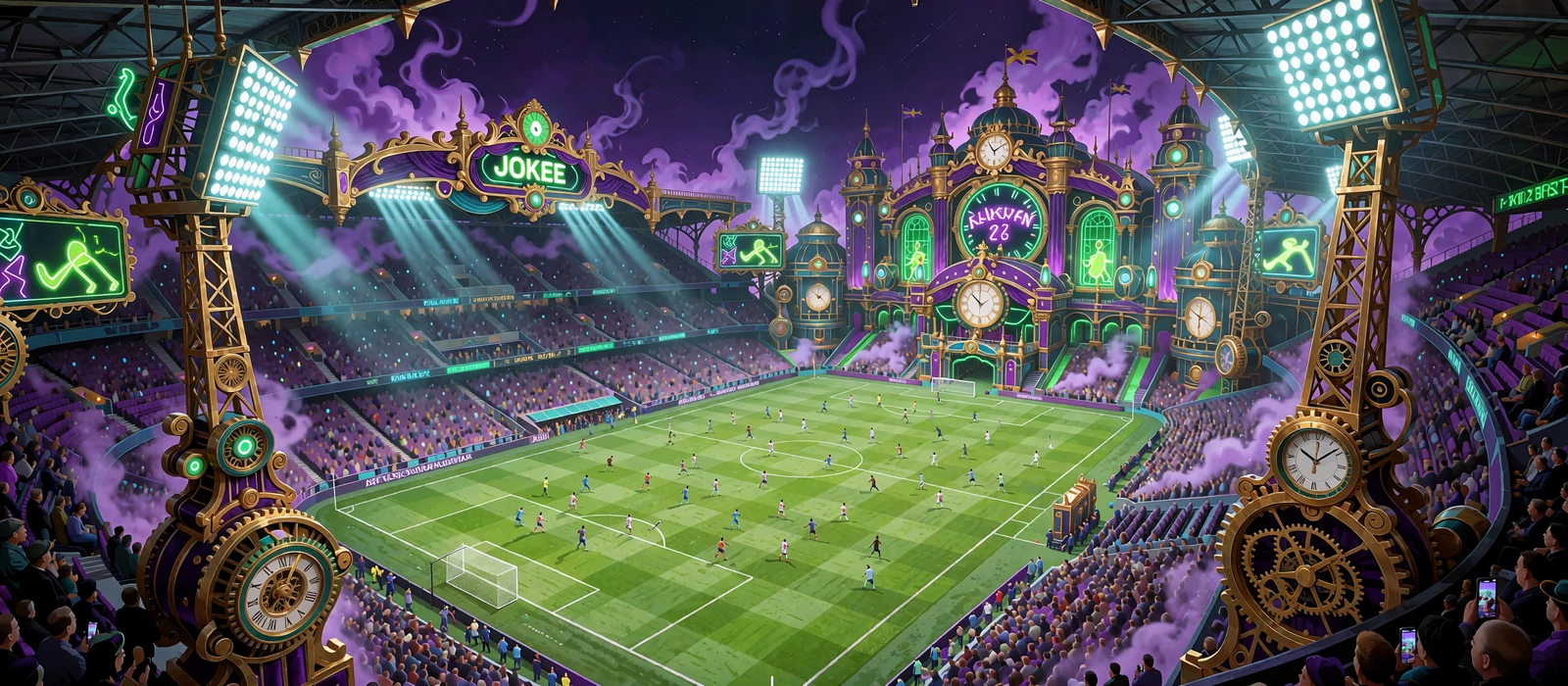Fodboldstadion om natten set fra en h&oslash;j tribune med flodlys og violet r&oslash;g som symbol p&aring; sportsbook hos Jokery